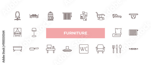 fully editable outline icon collection from furniture concept. thin line icons set such as office chair, dinner table, canopy bed, silverware, adornment,