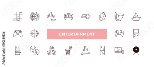 fully editable outline icon collection from entertainment concept. thin line icons set such as tic tac toe, roulette, gamepad, video editing, lottery game,