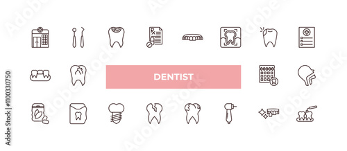 fully editable outline icon collection from dentist concept. thin line icons set such as clinic, dental hook, partial denture, dental veneer, interproximal,