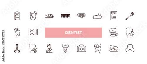 fully editable outline icon collection from dentist concept. thin line icons set such as check up, decay, clean tooth, tooth extraction, occlusal,