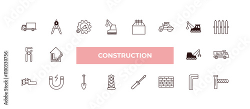 fully editable outline icon collection from construction concept. thin line icons set such as truck with freight, drawing compass, big clippers, hex key, road barrier,
