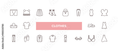 fully editable outline icon collection from clothes concept. thin line icons set such as underpants, knit hat with pom pom, barrel handbag, brassiere, long sleeveless dress,
