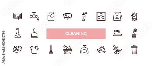 fully editable outline icon collection from cleaning concept. thin line icons set such as carpet cleaning, tap, preservatives, slippery, garbage,