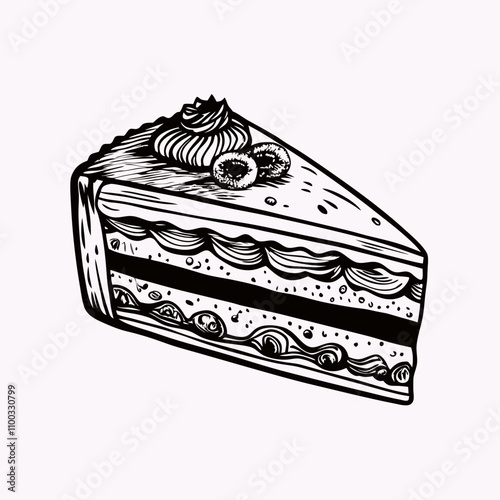 Vintage style illustration of a slice of cake with frosting and berries on light background for dessert menus