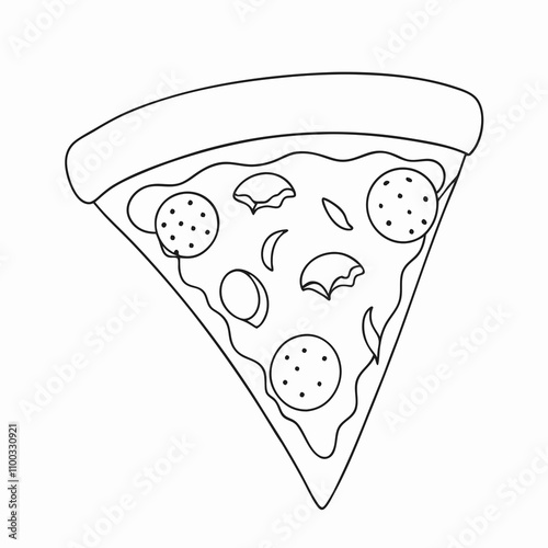Outlined pizza slice with cheese, mushrooms, pepperoni, minimal black vector sketch. Concept: food UI, pizzeria ad, delivery service, Pizza Day, Movie Night.