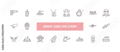 fully editable outline icon collection from army and military concept. thin line icons set such as pistol, walkie talkie, canon, shoulder strap, armored vehicle,