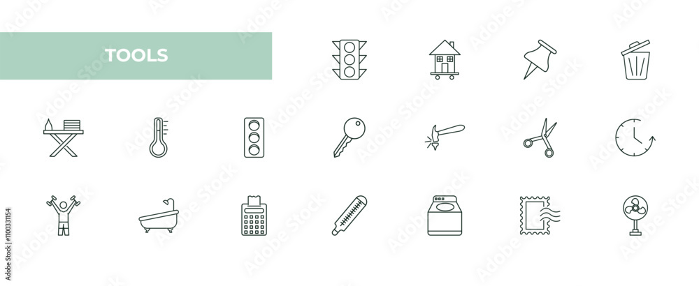 Fototapeta premium fully editable outline icon collection from tools concept. thin line icons set such as semaphore lights, house on wheels, tack save button, postage, table fan,