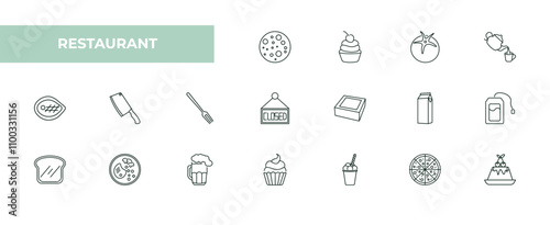 fully editable outline icon collection from restaurant concept. thin line icons set such as pita bread, cupcake with cherry, fresh tomato, pepperoni pizza, creme caramel,
