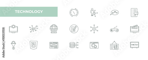 fully editable outline icon collection from technology concept. thin line icons set such as uptime and downtime, affiliate marketing, microblogging, mood board, meta elements,