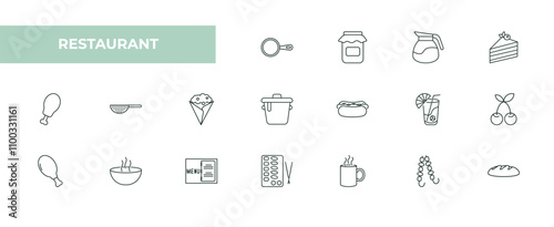 fully editable outline icon collection from restaurant concept. thin line icons set such as frying pan from top, jar full of food, coffe pot, two brochettes, load of bread,