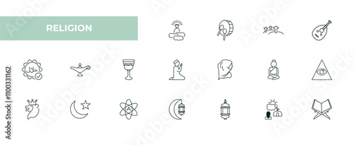 fully editable outline icon collection from religion concept. thin line icons set such as god, eyd drum, calvary, fajr dawn prayer, mushaf,