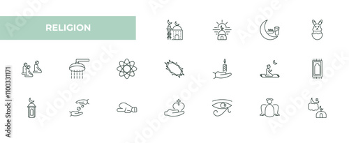 fully editable outline icon collection from religion concept. thin line icons set such as mosque and minaret, subah prayer, fasting, angel, isha,