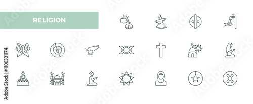 fully editable outline icon collection from religion concept. thin line icons set such as assr, sufi mystic, animism, anglican, cross,