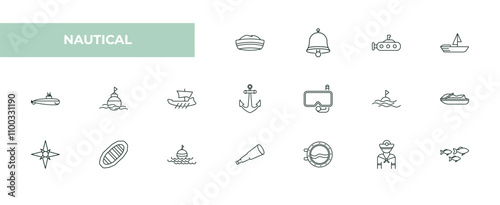 fully editable outline icon collection from nautical concept. thin line icons set such as sailor cap, compass inclined, fish shaped bait, rubber raft, whale,