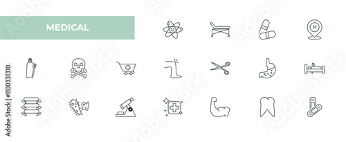 fully editable outline icon collection from medical concept. thin line icons set such as atomic structure, hospital bed side view, medical pill, molar tooth, bandage cross,