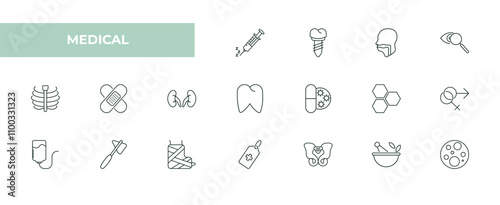 fully editable outline icon collection from medical concept. thin line icons set such as anesthesia, implants, pharynx, phary tool, cells in a circle,