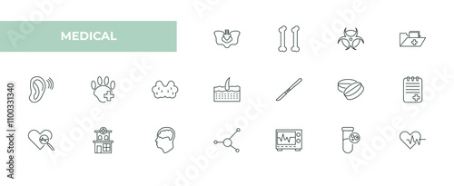 fully editable outline icon collection from medical concept. thin line icons set such as pelvic area, femur, biological warning, plasma, cardiogram,