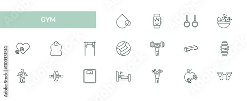 fully editable outline icon collection from gym concept. thin line icons set such as hydratation, fitness tracker, gymnastic rings, fitness nutrition, exercise bands,