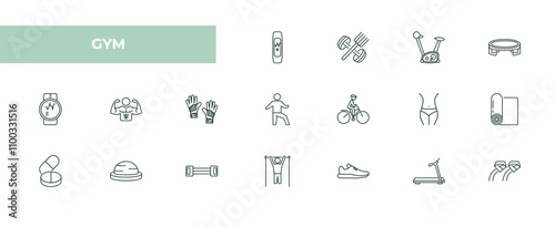 fully editable outline icon collection from gym concept. thin line icons set such as training watch, fitness food, exercise bike, running hine, athletic strap,