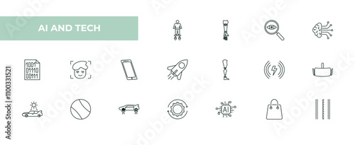 fully editable outline icon collection from ai and tech concept. thin line icons set such as flyboard, bionic arm, detection, shopping bag, road,