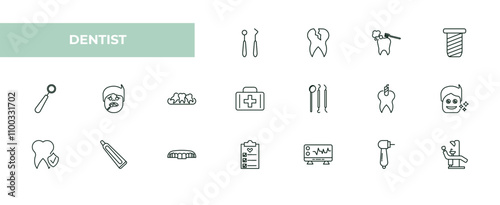 fully editable outline icon collection from dentist concept. thin line icons set such as dental hook, damaged tooth, tooth cleaning, dentists drill tool, dental chair,