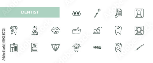 fully editable outline icon collection from dentist concept. thin line icons set such as fake tooth, dentist mirror, medical prescription, bicuspid, periodontal scaler,
