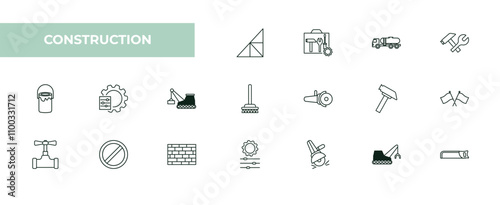 fully editable outline icon collection from construction concept. thin line icons set such as joist, tool bag, tank truck, derrick with tong, hacksaw,