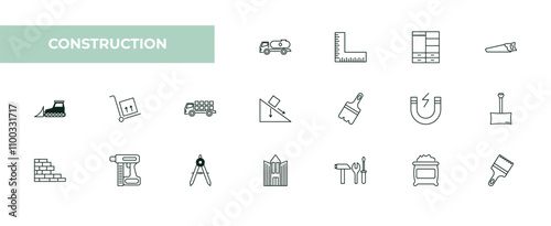 fully editable outline icon collection from construction concept. thin line icons set such as fuel truck, angle ruler, big clo, cement, sand brush,