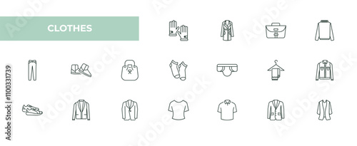 fully editable outline icon collection from clothes concept. thin line icons set such as leather gloves, trench coat, messenger bag, oxford wave blazer, cardigan,