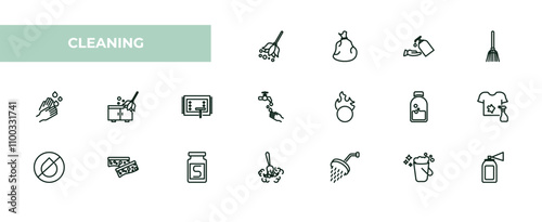 fully editable outline icon collection from cleaning concept. thin line icons set such as feather duster, trash bag, sterilization, bucket cleanin, deodorizer,
