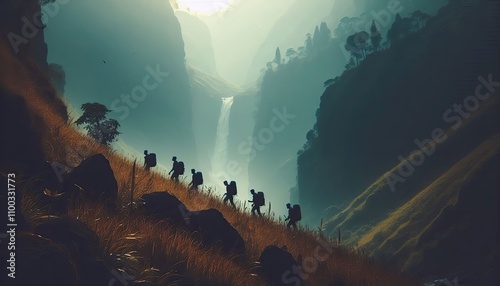 Silhouettes of trekkers hiking towards a distant waterfall, silhouette, action photography, aesthetics, photo