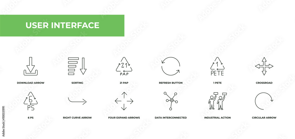 fully editable outline icon collection from user interface concept. thin line icons set such as download arrow, sorting, 21 pap, industrial action, circular arrow,