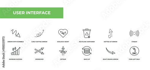 fully editable outline icon collection from user interface concept. thin line icons set such as arrow with scribble, curly dotted arrow, ecologic heart, right drawn arrow, turn left only,