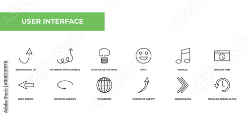 fully editable outline icon collection from user interface concept. thin line icons set such as semicircular up arrow, up arrow with scribble, data analytics tings, arrowheads, circular arrow clock,