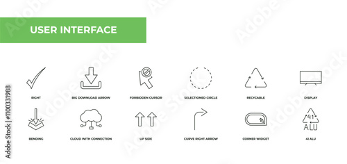 fully editable outline icon collection from user interface concept. thin line icons set such as right, big download arrow, forbidden cursor, corner widget, 41 alu,