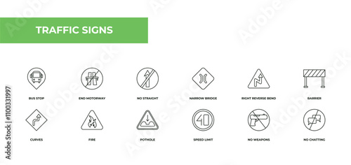 fully editable outline icon collection from traffic signs concept. thin line icons set such as bus stop, end motorway, no straight, no weapons, no chatting,