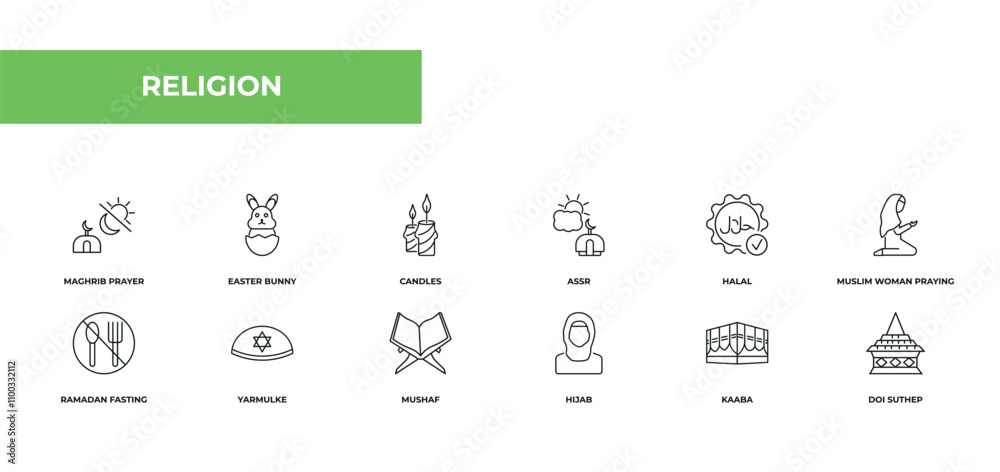 fully editable outline icon collection from religion concept. thin line icons set such as maghrib prayer, easter bunny, candles, kaaba, doi suthep,