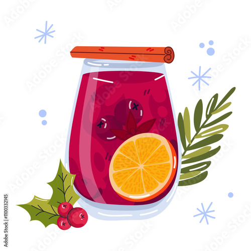 Glogg. Christmas hot drink Mulled wine slice of orange in a glass and with decorations. Cozy vector illustration of hot wine. Winter alcoholic drink. Hand drawn design element for label and poster.