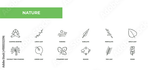 fully editable outline icon collection from nature concept. thin line icons set such as camping bonfire, larch leaf, farming, yew leaf, roses,