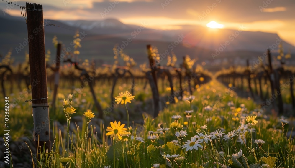 Obraz premium Lush vineyard featuring blooming grapevines under the warm glow of the late spring sun