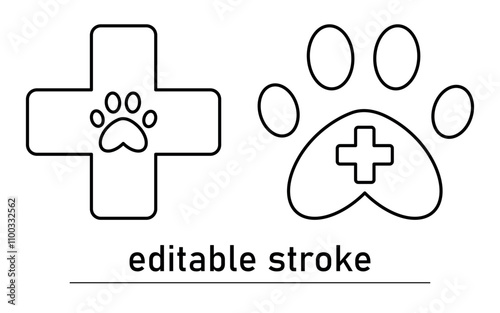 Veterinary Care Icon. Animal's paw on background of medical cross. First aid to pets. Animal care. Editable Stroke.