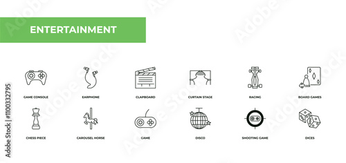 fully editable outline icon collection from entertainment concept. thin line icons set such as game console, earphone, clapboard, shooting game, dices,