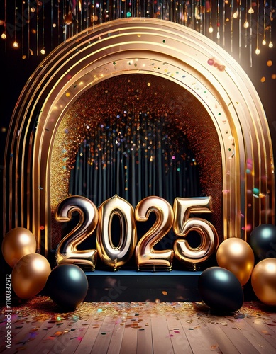 A grand balloon arch in black and gold with large '2025' numbers, set against a party backdrop with confetti