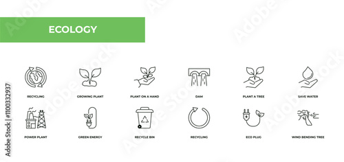 fully editable outline icon collection from ecology concept. thin line icons set such as recycling, growing plant, plant on a hand, eco plug, wind bending tree,