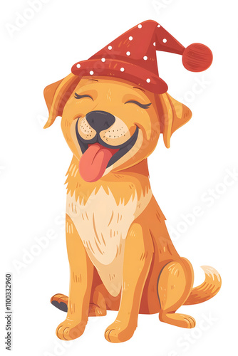 Happy dog with Santa Christmas hat. Illustration with joyful puppy.