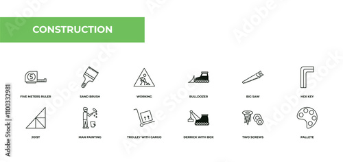 fully editable outline icon collection from construction concept. thin line icons set such as five meters ruler, sand brush, working, two screws, pallete,