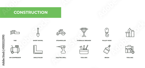 fully editable outline icon collection from construction concept. thin line icons set such as vise, short shovel, steamroller, brush, tool bag,