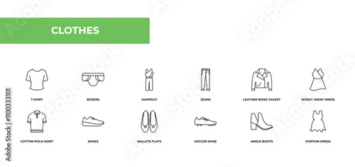 fully editable outline icon collection from clothes concept. thin line icons set such as t-shirt, boxers, jumpsuit, ankle boots, chiffon dress,