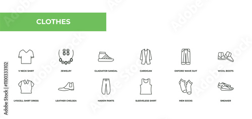 fully editable outline icon collection from clothes concept. thin line icons set such as v neck shirt, jewelry, gladiator sandal, men socks, sneaker,
