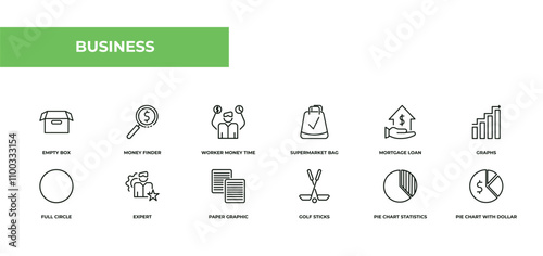 fully editable outline icon collection from business concept. thin line icons set such as empty box, money finder, worker money time, pie chart statistics, pie chart with dollar,